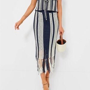 Anthropologie Moon River Navy & White Crochet Fringe Knit Midi Skirt NWT Medium